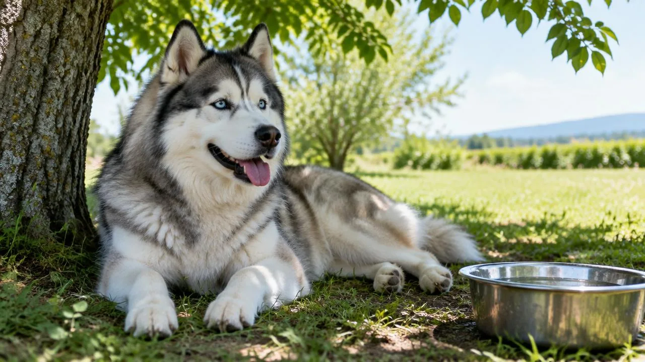 A Siberian husky resting in the shade under a tree beside a water bowl
