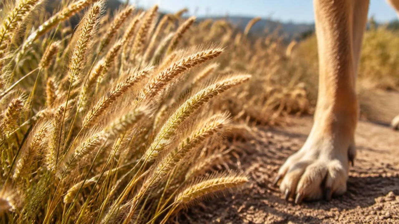 Dry golden foxtail grass beside a dirt trail with a dog's paw nearby