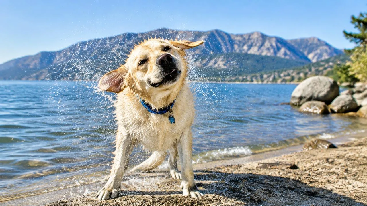 A wet labrador shaking off water at a lake shoreline with mountains behind