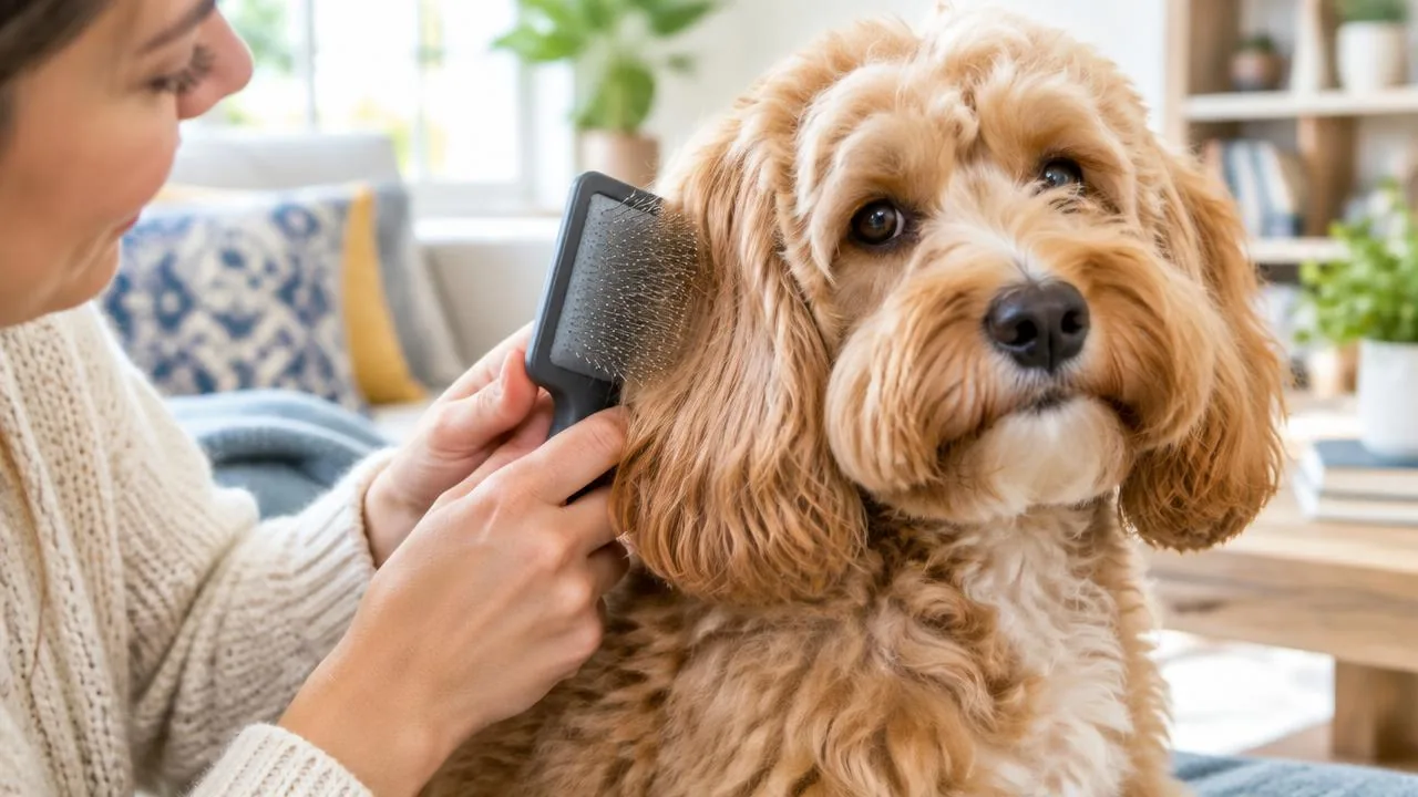 An owner gently brushing the ear fur of a fluffy cockapoo with a slicker brush