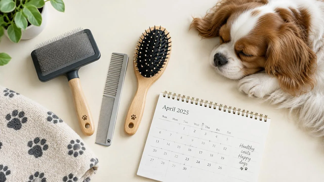 Grooming brushes, a comb, and a calendar beside a sleeping spaniel