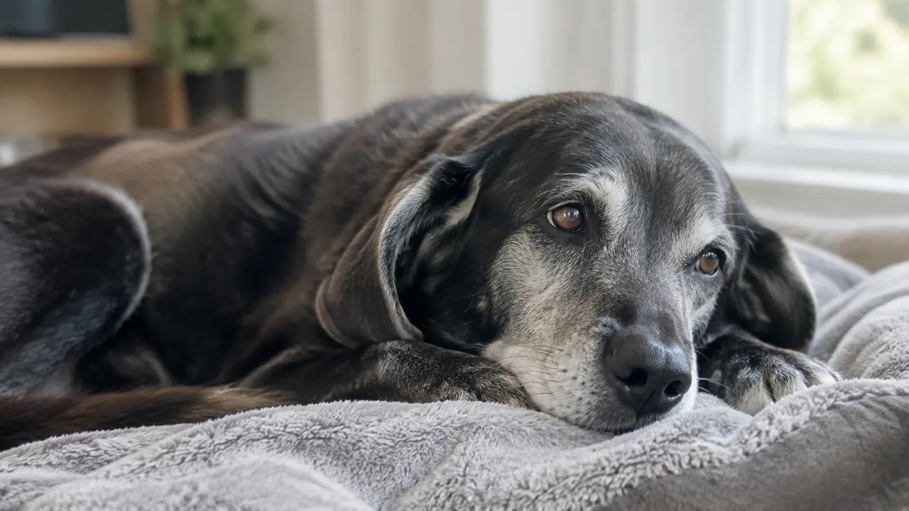 A calm senior dog with a grey muzzle resting on a soft blanket at home