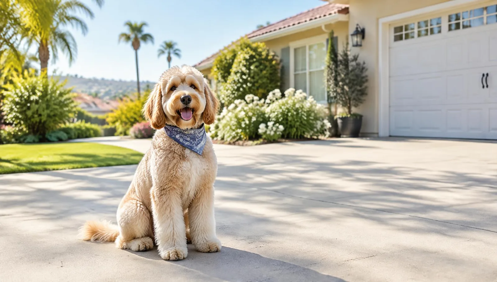 A happy freshly groomed dog sitting on a sunny driveway