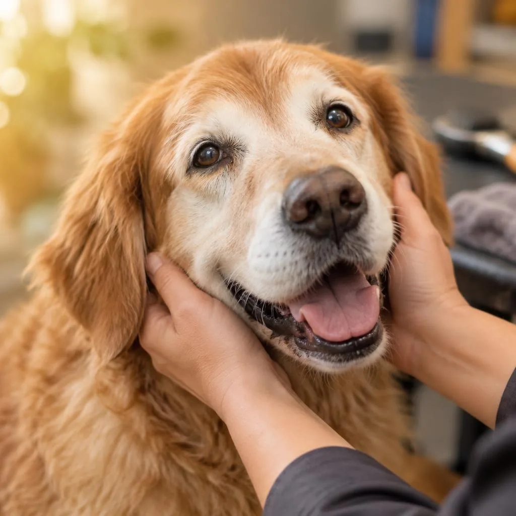 A groomer's hands gently holding a happy senior dog