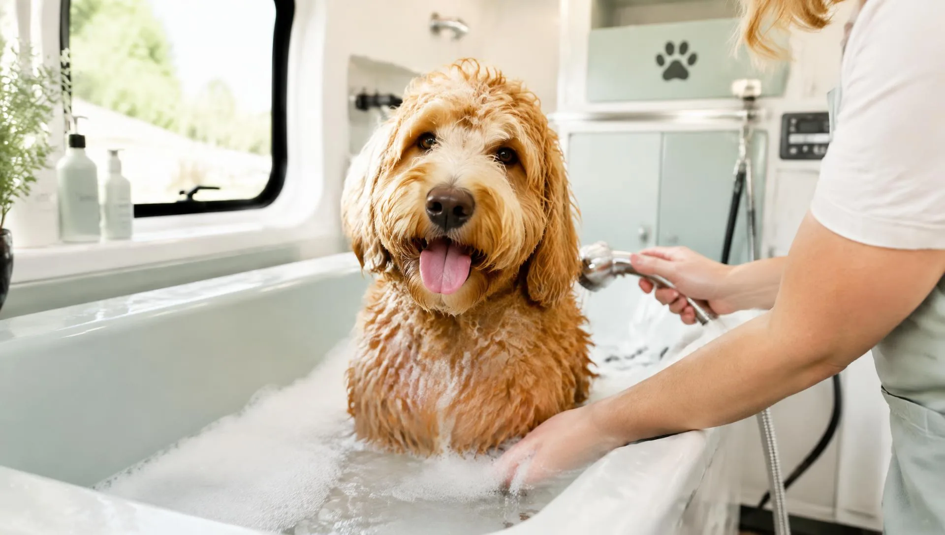 A happy doodle getting a warm, foamy bath inside a clean grooming van