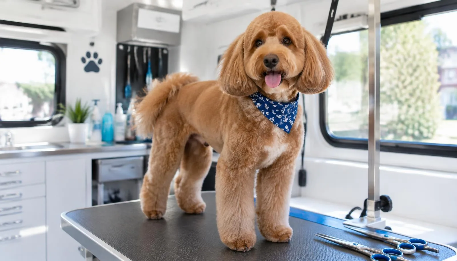 A freshly groomed doodle with a neat haircut standing on a grooming table