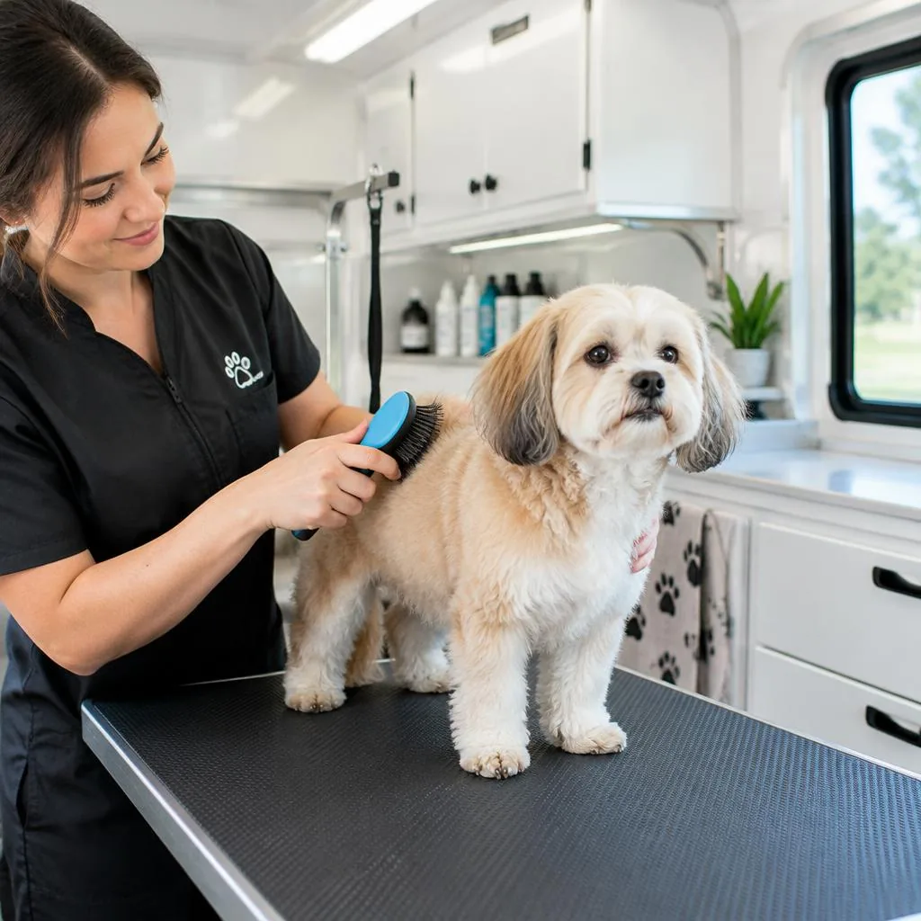 A groomer gently brushing a small dog on the grooming table