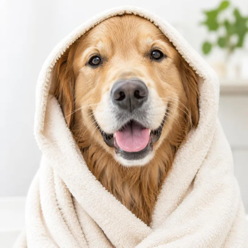 A happy dog wrapped in a towel after a bath
