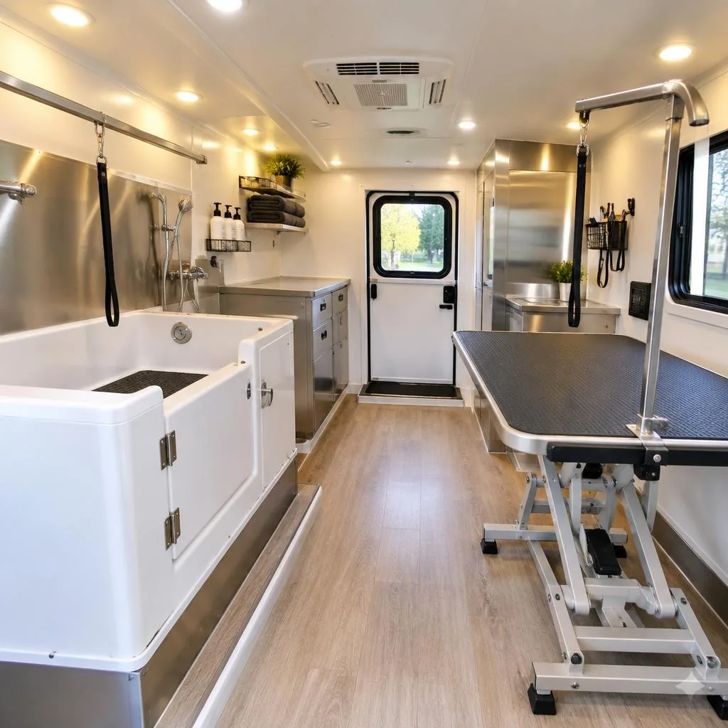 The clean interior of a mobile grooming van with a tub and table
